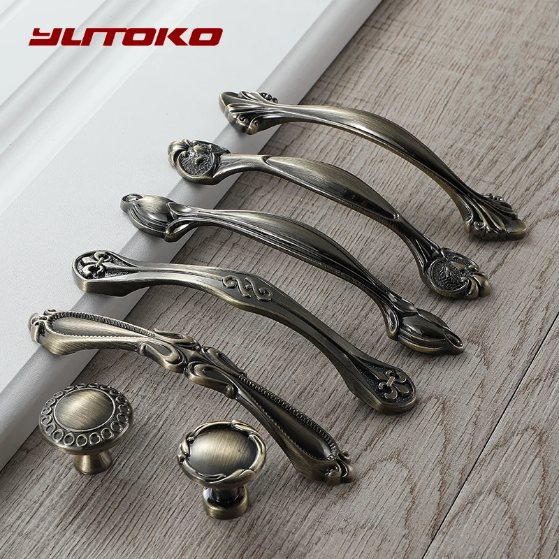 YUTOKO Bronze Door Handles Noble Antique Drawer Pulls Vintage Kitchen Cabinet Handles and Knobs Retro Furniture Handles 6012