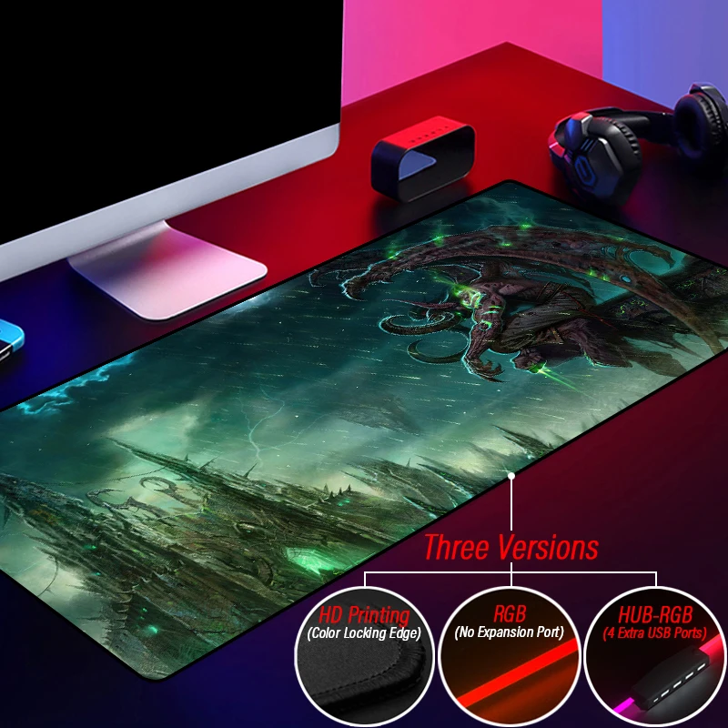 criativo wow personalizado brilhante jogo mouse pad mundo de warcraft led illidan arthas bloqueio borda backlit esteira com hub porta usb 01