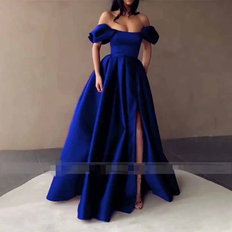 Royal Blue Satin Prom Jurken Strapless Off De Schouder Split Geplooide A-lijn Lange Avond Formele Gowns Abendkleider