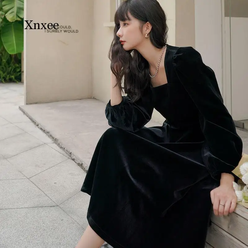 

Dress Women French Style Holiday Vintage Mid-Calf Fashion Square Collar Oversize 3Xl Chic Long Sleeve A-Line Hepburn Dresses