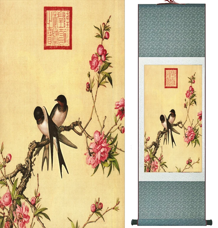 

LangShining ink painting Birds and flower Painting Spring Ink wash painting silk scroll birds and flower painting