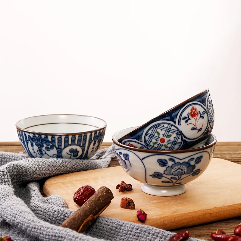 Set of 5pcs Ceramic Bowl Japanese Rice Bowl Blue Porcelain Oatmeal Bowl Dinnerware Set 4.5 inch