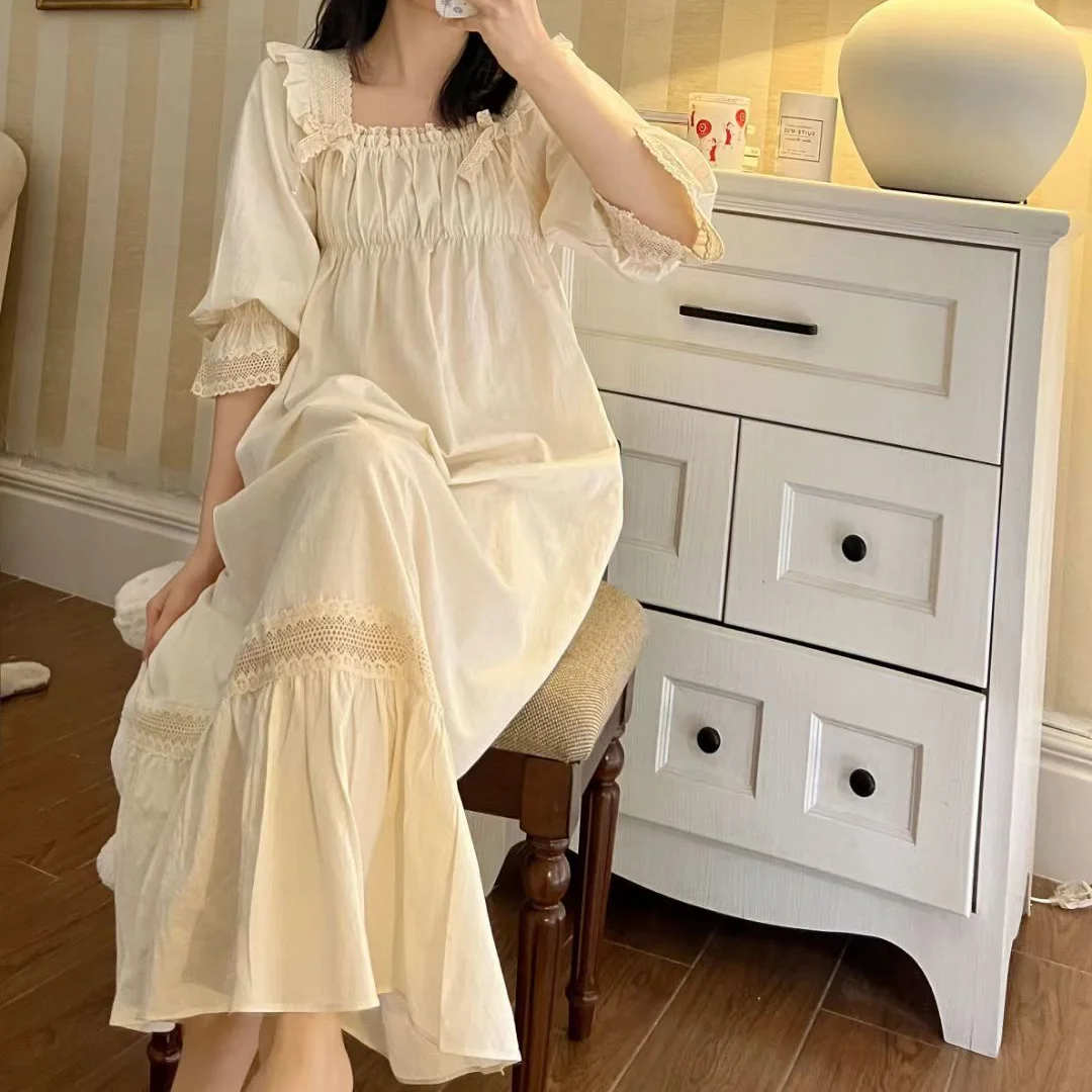 New  Elegant Sweet Cotton Long Nightgowns For Women Long Sleeve Vintage Embroidery Nightshirts Comfortable Night Dress