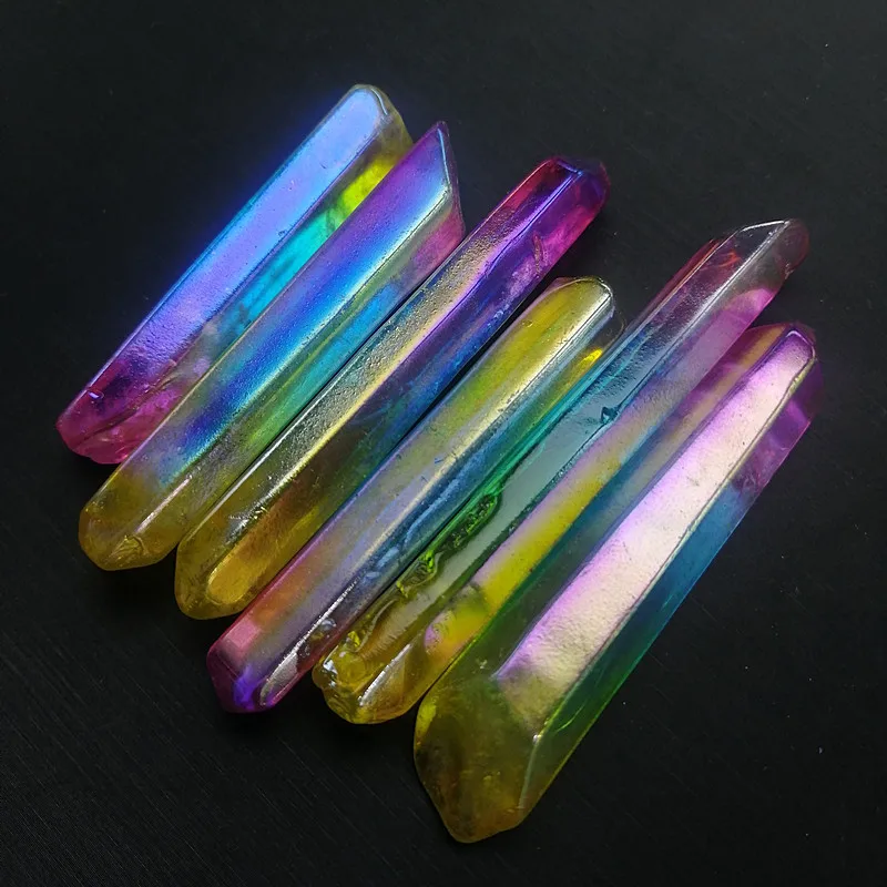 Natural Rock Rainbow Titanium Treated Quartz Wand Aura Lemurian Crystal Point Healing