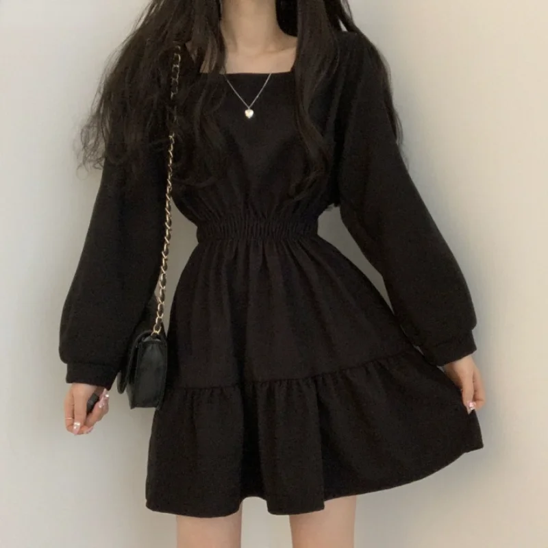 Gothic Black Puff Sleeve Loose Women's Dress Long Sleeve Shrink Waist Chic Linen Mini Dress Casual  Elegant Dresses for Women