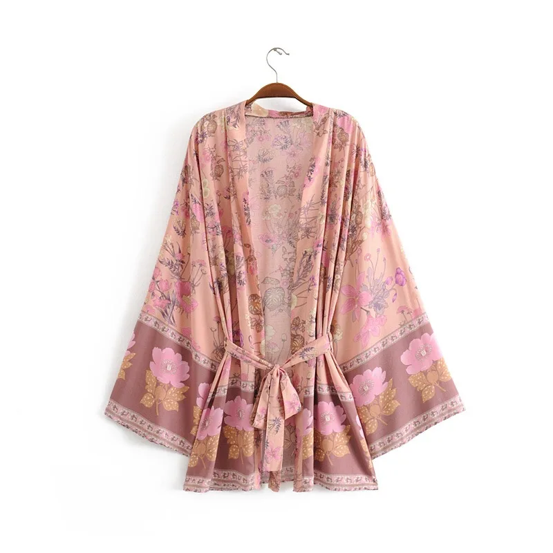 BO00-Kimono jaune bohème pour femmes, col en V, imprimé floral, chemise de plage de vacances, marée, ceintures à nœud, cardigan mi-long, chemisier