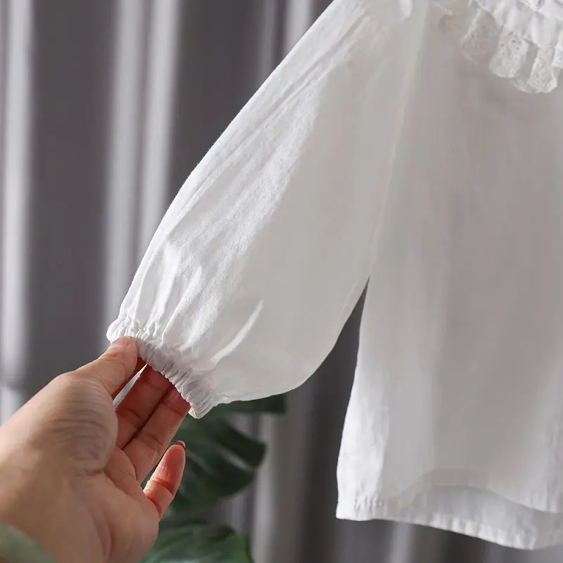 Mùa Xuân 100% Cotton Phối Ren Trắng Hàng Đầu Áo Mùa Hè Áo Sơ Mi Hàn Quốc Bé Lưới Dài Cao Cấp Áo Sơ Mi Bé Trai Học Nữ Áo Kiểu Camisas