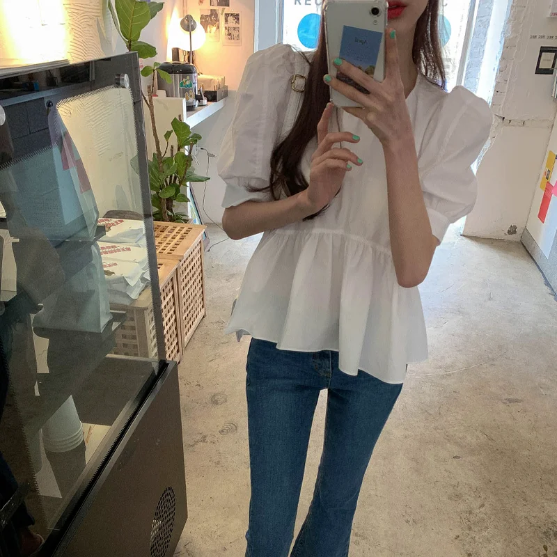 Puff Sleeve Blouses Women White O-neck All-match Korean Style Sweet Cute Tops Summer Chic Female Temperament Design Fashion New