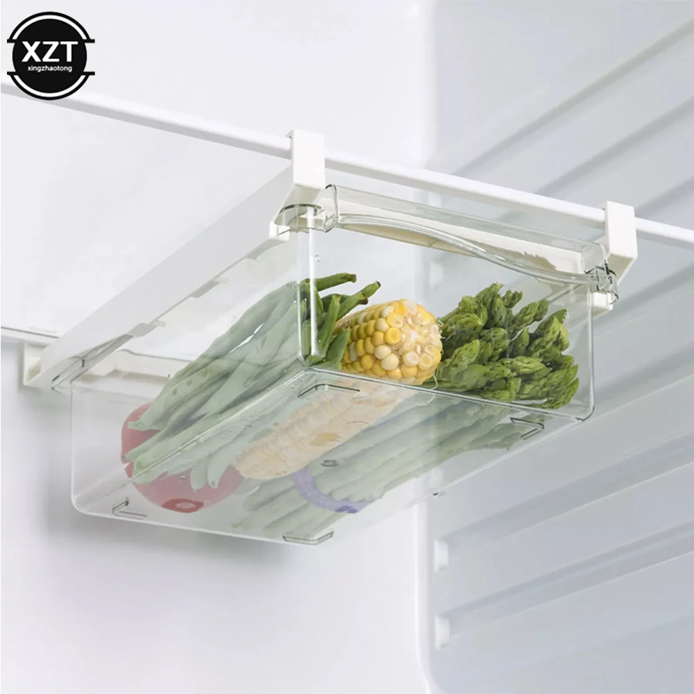 New Kitchen Fruit Food Storage Box Plastic Clear Fridge Organizer Slide Under Shelf Drawer Box Rack Holder Refrigerator Drawer