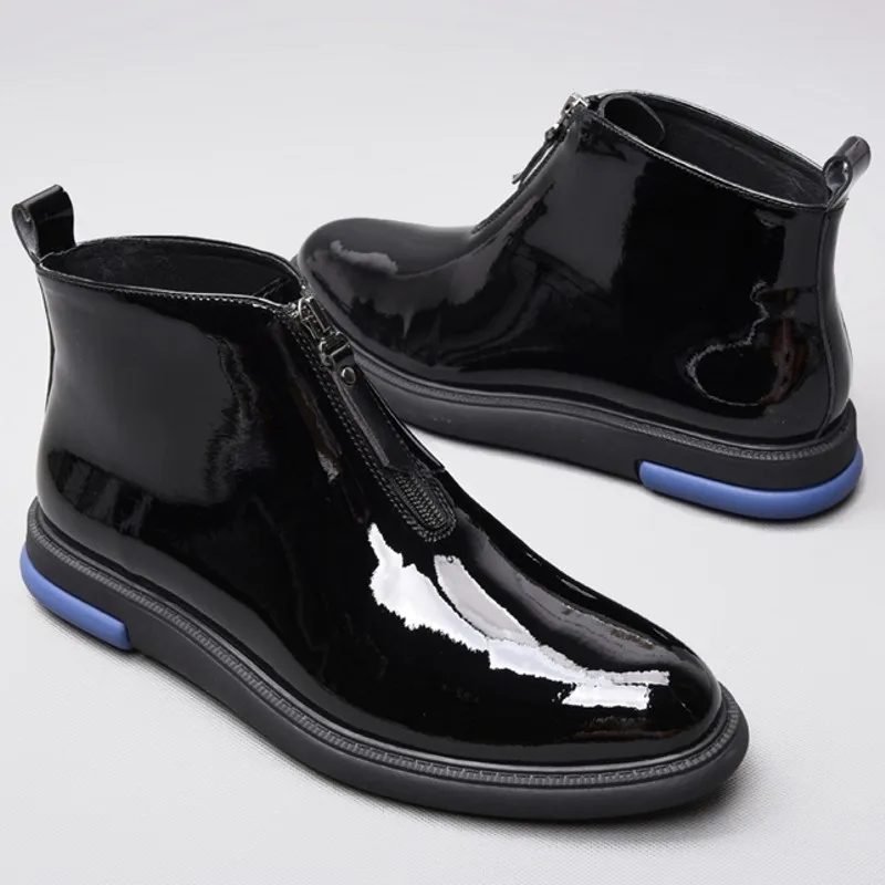 

Men Formal Patent Leather Ankle Boots Fashion High Quality Zipper Pointed Toe Boots Hombre Casual Platform High Top Shoes