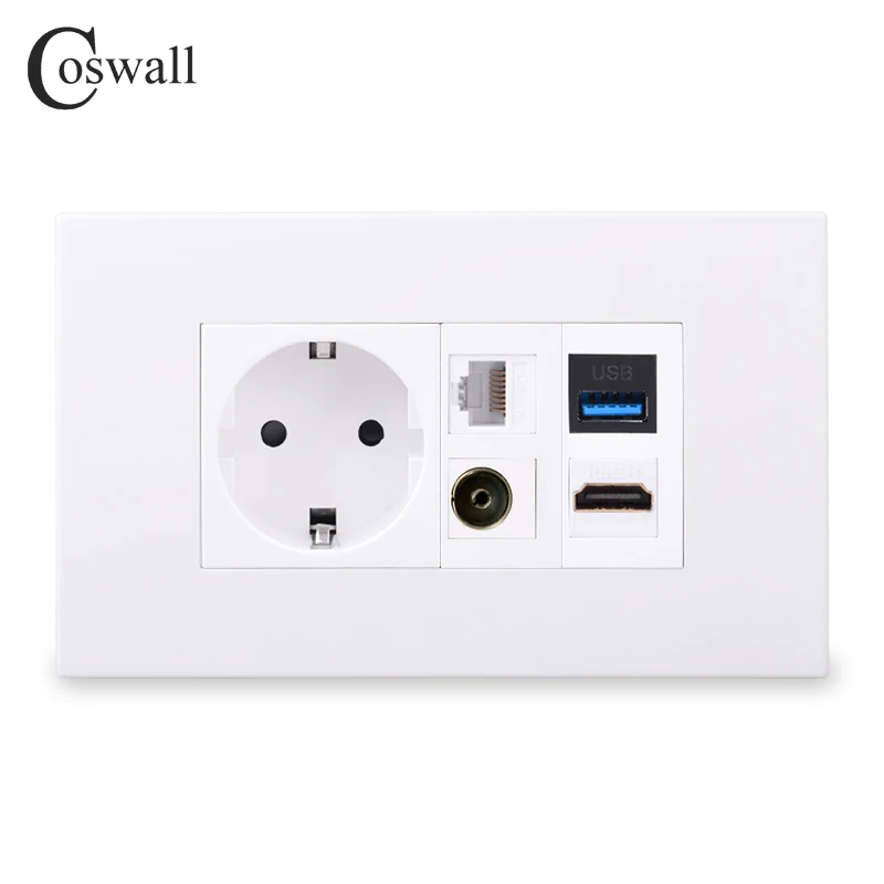 Coswall PC Panel EU Wall Power Socket + TV & CAT6 RJ45 Internet Jack + Female to Female HDMI-compatible 2.0 & USB 3.0 Connector