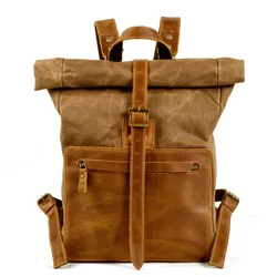 new simple retro wax canvas backpack men's casual backpack with leather bag square school bag