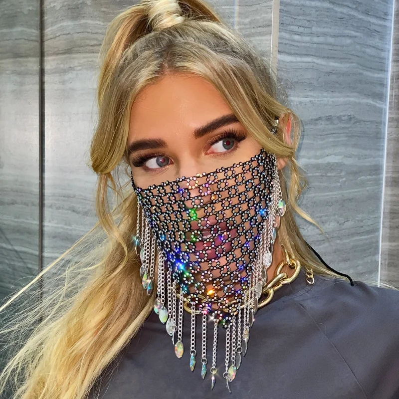 

2021 Ladies Show Mesh Rhinestone Jewelry Metal Tassel Mask Punk Party Fashion Jewelry Mask Breathable Mask for Face