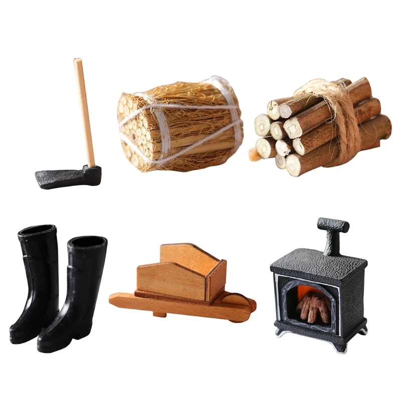 G32A 1:12 Dollhouse Miniature Room Furniture Hoe/Straw Bales/Firewood/Rubber Shoes/Carts/Fireplaces Model Decoration Accessories