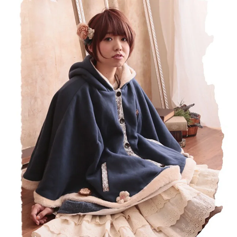 Mori Girl Autumn Winter Japanese Hooded Coat Women Solid Batwing Sleeve Cape Shawl Female Kawaii Wool Blends Coat A242