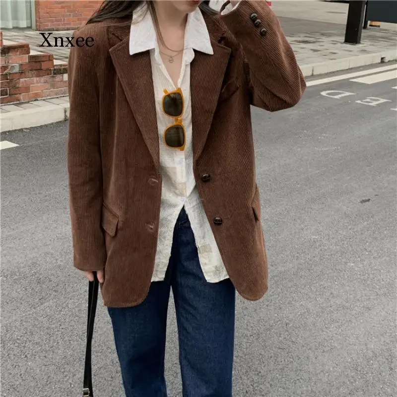 Corduroy Blazer Jacket Women Solid Vintage Single Breasted Blazer Coat Spring 2021 Outwear Elegant Office Ladies Clothing Tops