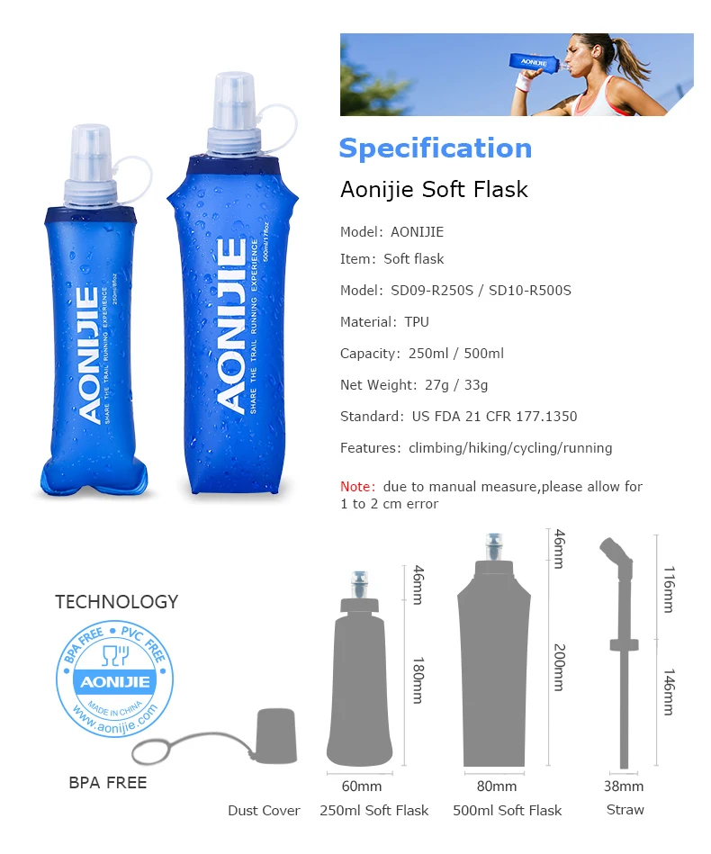 Aonijie-折りたたみ式ウォーターボトル,ソフトハイドレーションボトル,250ml,420ml,ブラダー,Bpa,アウトドアランニング,マラソン  - AliExpress AONIJIE 2個 スポーツ 折りたたみ可能 ウォーターボトル BPAフリー + 交換用ストロー蓋2個 - TPU ソフトドリンク