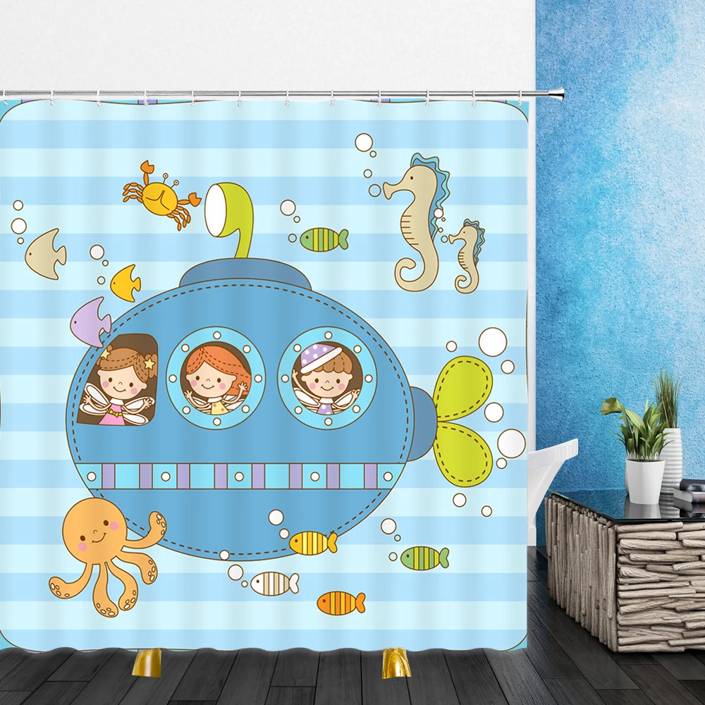 Cartoon Shower Curtains Submarine Underwater World Ocean Animal Seahorse Octopus Child Bathroom Decor Waterproof Cloth Curtain