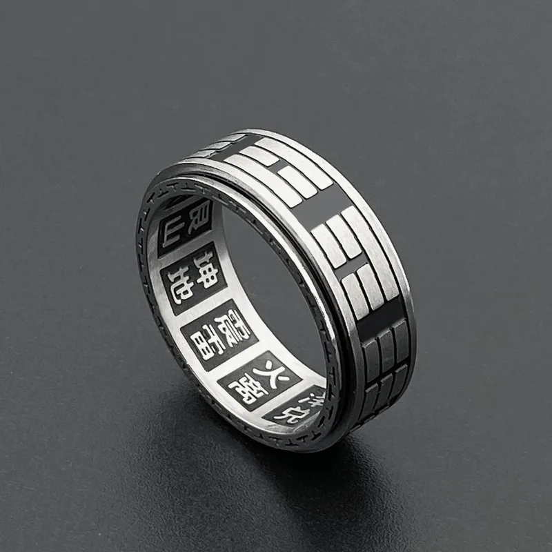 Chinese Style Taiji Ring Good Luck Turning Titanium Steel RIng Vintage Bagua Scripture Buddhist Mantra Ring Jewelry