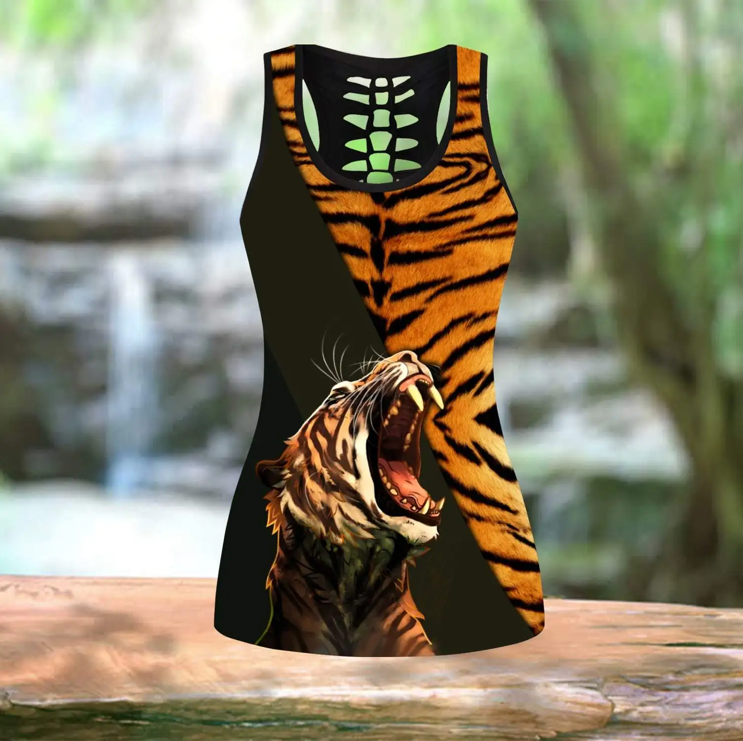 Potente camiseta sin mangas hueca con estampado 3D de tigre gritando y conjunto de mallas deportivas para mujer, mallas de longitud completa, pantalones para correr DDK61
