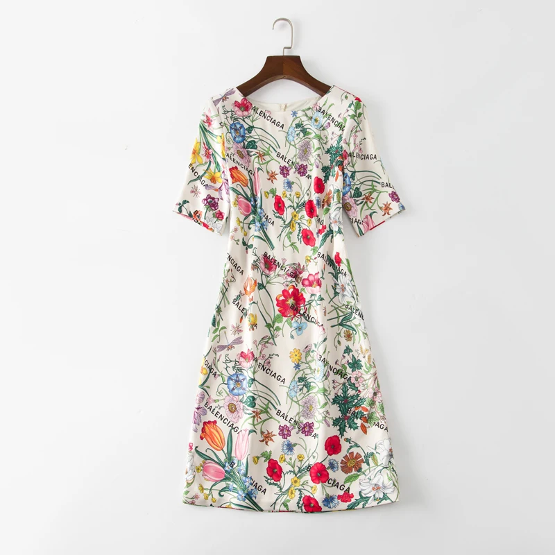 Women's Letter Flower Print Dress, Short Sleeve, O-Neck, OL Work Dresses, New, H8114