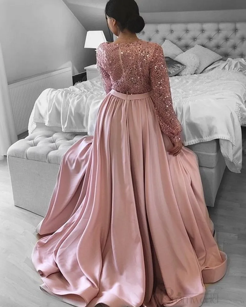 Vestido rosa Formal de manga larga con cuello en V para mujer, elegante corpiño de lentejuelas de satén, corte en A, talla grande, para fiesta de graduación y noche, Dubái