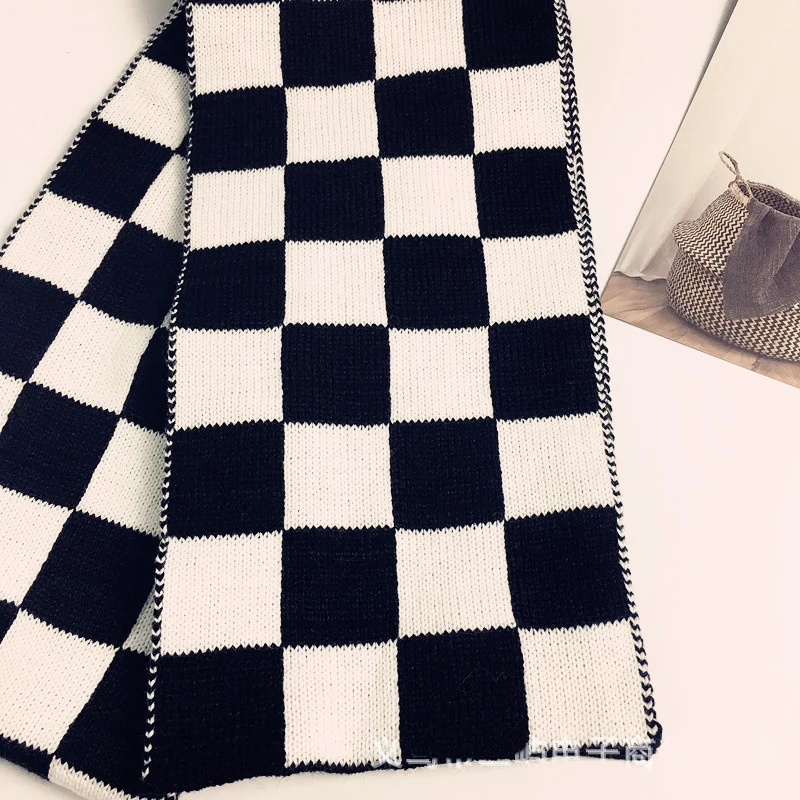 30x170cm klasik hitam putih kotak-kotak kotak-kotak grid syal wanita dihiasi rajutan mode syal Pashmina syal bungkus syal