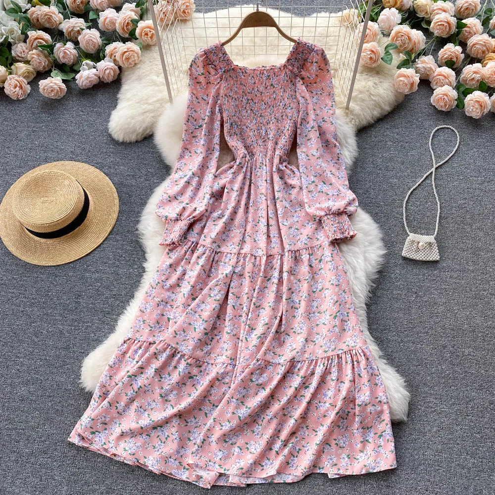 French Style Elegant Women's Long Sleeve Floral Chiffon Dress Ladies Square Collar Mixi Dress Autumn Robe Lolita Female Vestidos