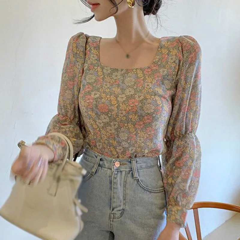 Wanita Pola Bunga Gaya Korea Kerah Persegi Seksi Manis Lengan Panjang Chiffon Blouse Tops