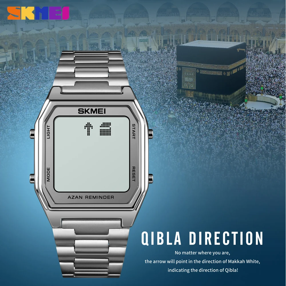 New SKMEI Muslim Qibla Digital Watch Religious Month Wristwatch Male Clock LED Chronograph Electronic Wristwatches Reloj Hombre