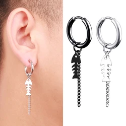 SOHOT New Unisex Titanium Stainless Steel Fish Bone Hoop Earrings Black Color HipHop Wholesale Punk Chic Tassel Chain Man Party