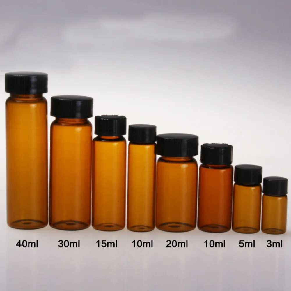 20pcs/pack 3ml 5ml 10ml 15ml 20ml 30ml 40ml 50ml (Clear/ brown) Glass Seal Bottle Reagent Sample Vials Plastic Lid Screw Cap