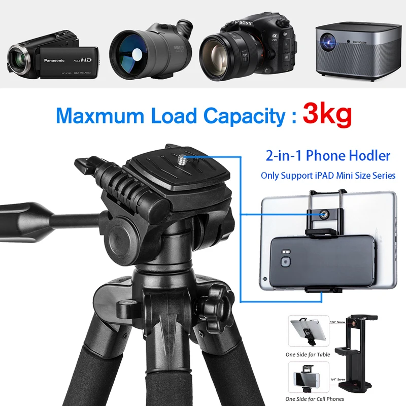 67in Camera Tripod Professional Photography Tripod Stand with Phone Holder Portable Travel Tripe for Canon Sony Nikon Cameras