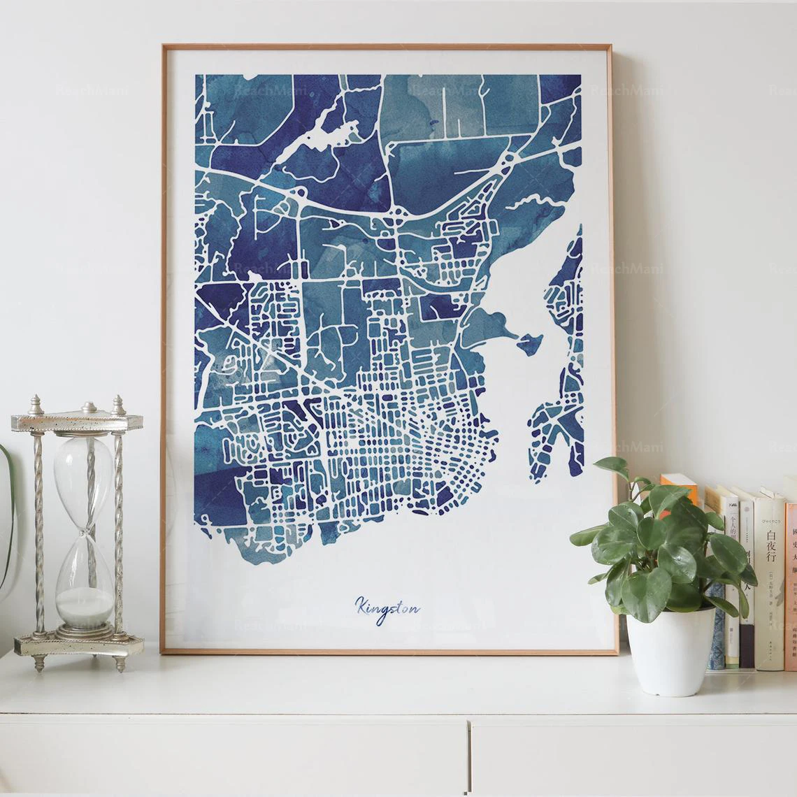 KINGSTON city map print, watercolor blue painting on the map of Ontario, Canada, print map art deco poster, personalized map gif