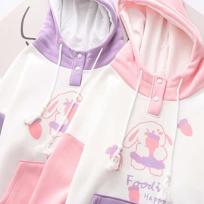 Sudadera con capucha de conejo Kawaii Harajuku para mujer, sudadera con gráfico de Anime, ropa de invierno para niñas adolescentes, rosa, púrpura,