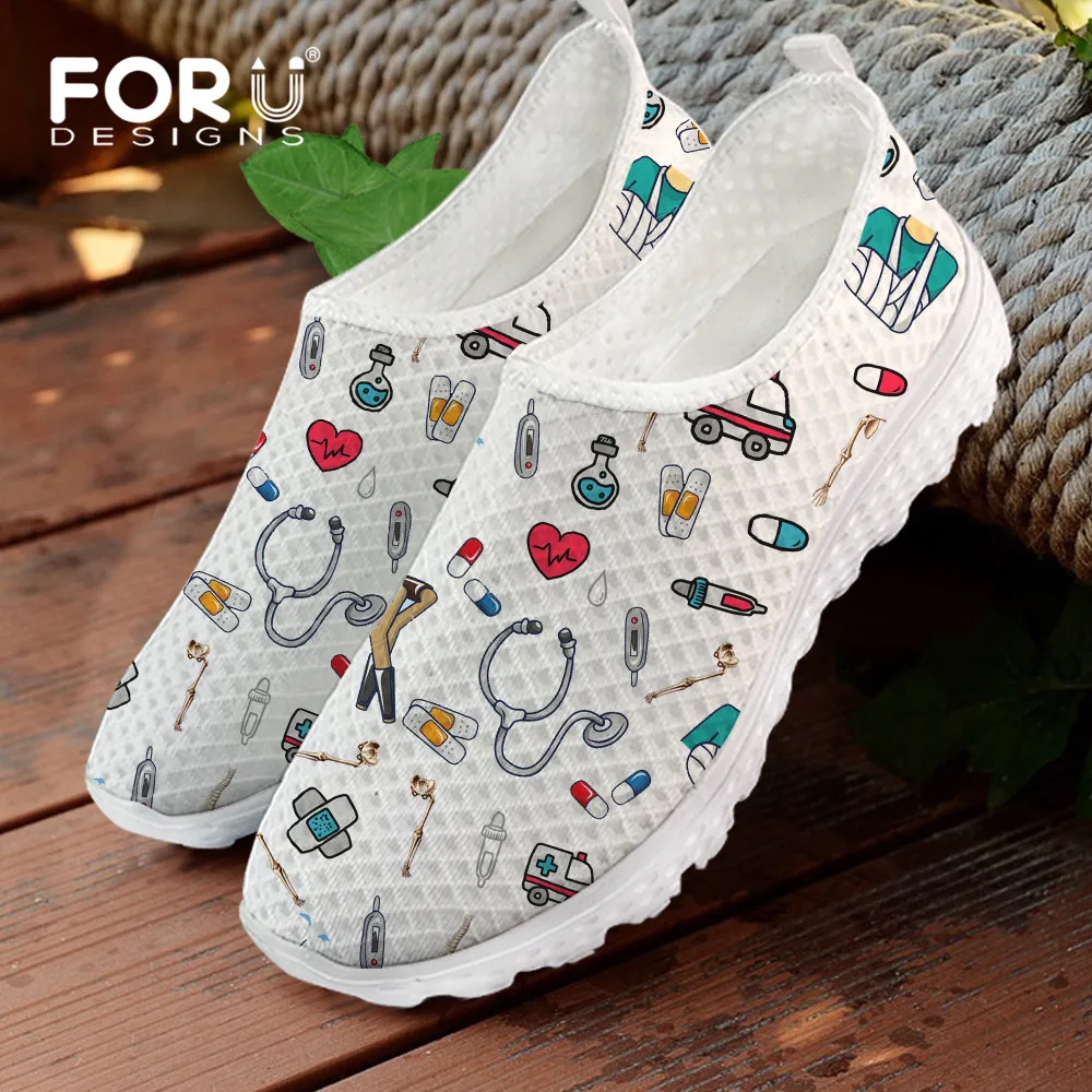 

FORUDESIGNS Cartoon Nurse/Premium Sketch Print Women's Casual Shoes Flats Beach Comfortable Mesh Slip-on Brand Women Sneakers