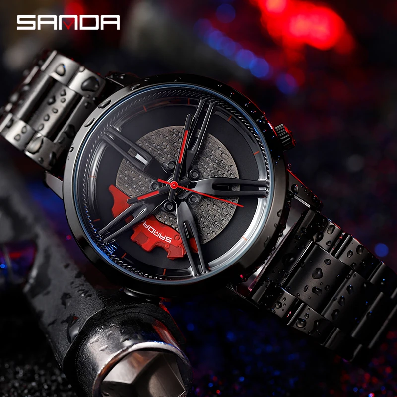 SANDA Voiture Wheel Rim Hub Watches Mens Sports Car Rim Hub Men Watch Stainless Steel Waterproof Creative Male Relogio Masculino