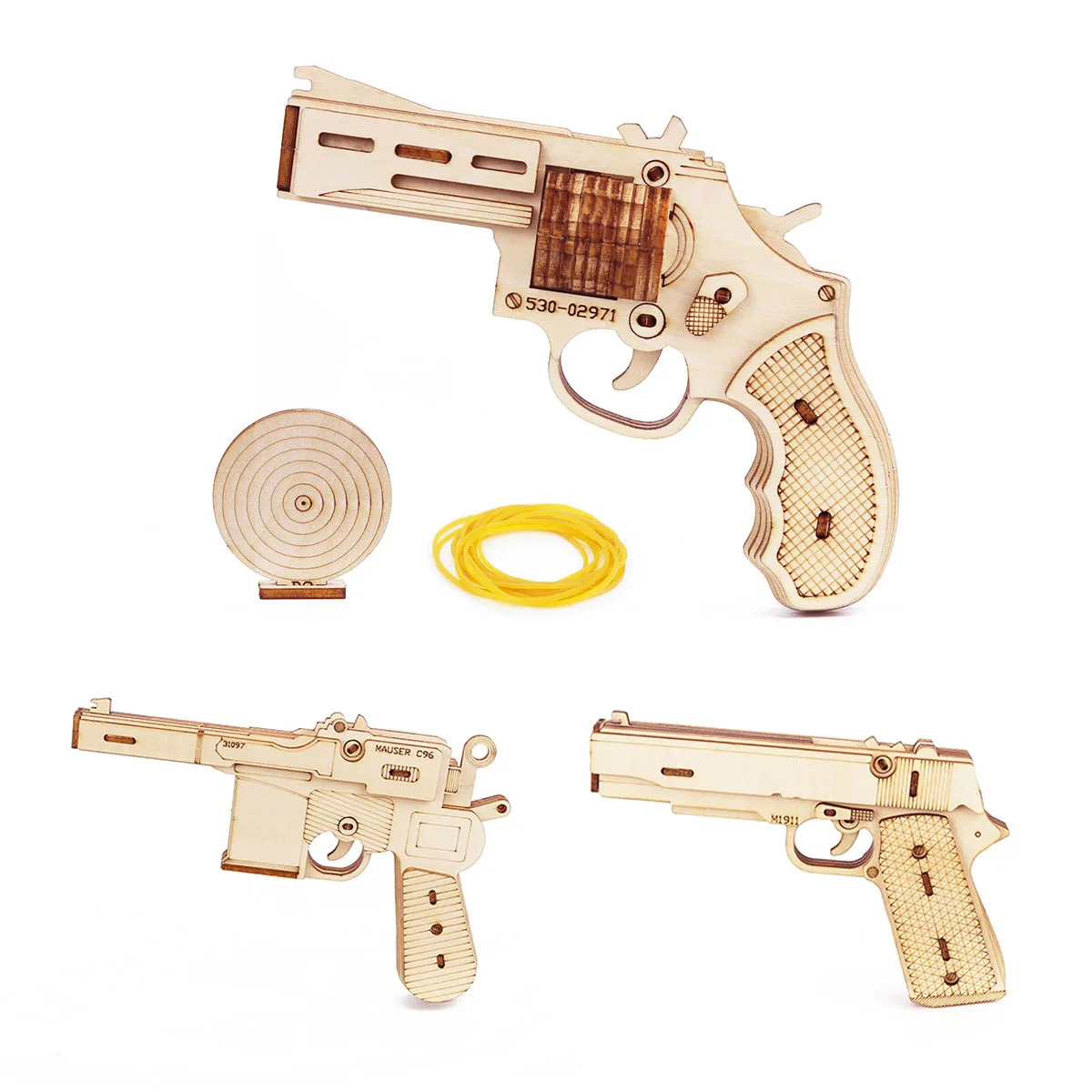 Rubber Band Gun Toy para Meninos, Revólver, Modelo de Montagem, 3D Wooden Puzzle, Pistola Revólver, DIY para Tiro Presente, 3 Tipos, M1911, C96