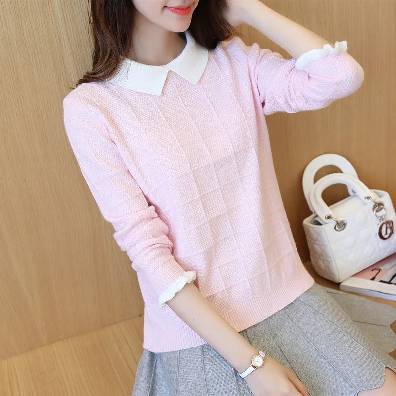 Autumn and Winter New Fake Two-piece Knitted Blouse, Lady\'s Sweater, Loose Bottom Doll Neck, Spring Suit