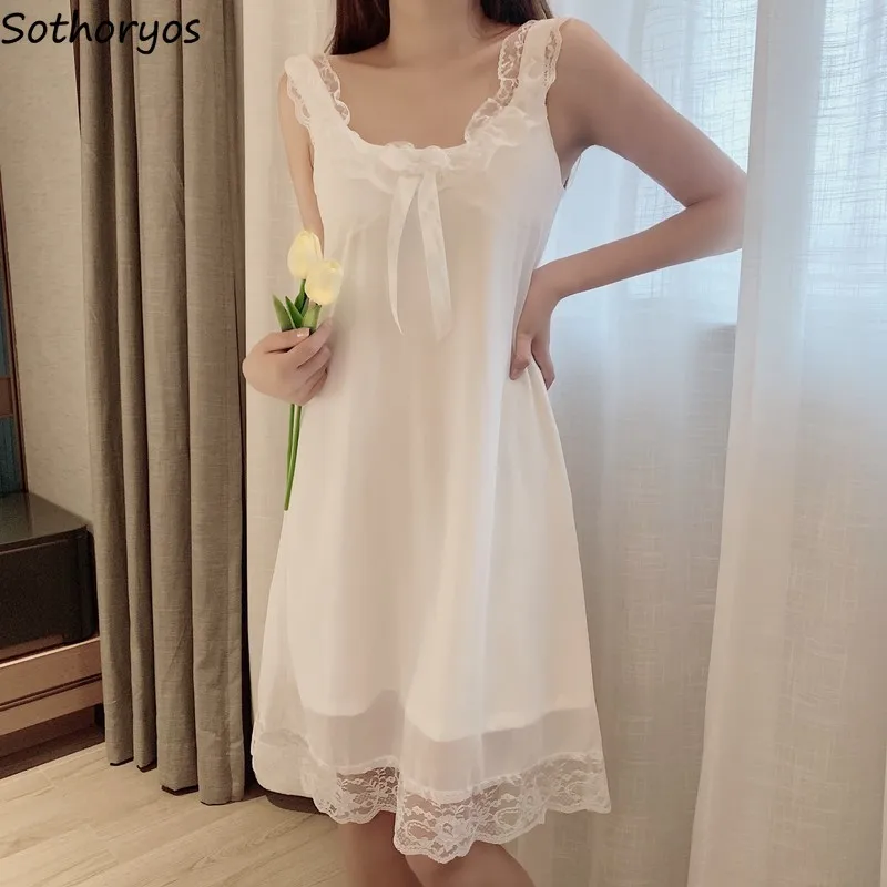 Summer Nightgowns Sleeveless Women with Padded Lace Sweet Sexy Sleepwear Nightdress O-neck Home Lounge Wear Loose Korean Style