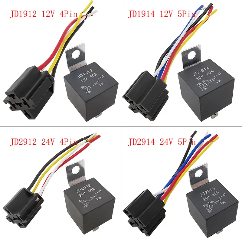 5Pcs 4P 5Pin Waterproof Car Relay 12V 24V 40A Automotive Relay with Black Red Copper Terminal Auto Relay with Wire Relais Socket