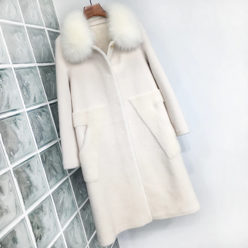 Manteau de mouton pour femme, col en fourrure de renard, coupe longue, en laine, un grain, nouvelle collection hiver 2019