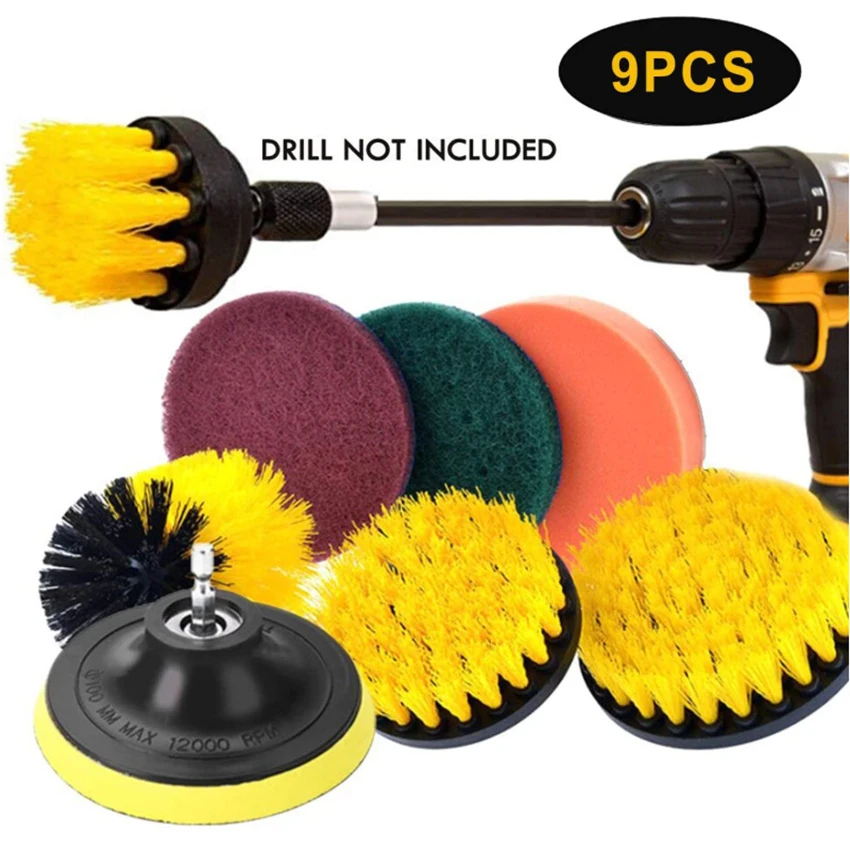 9PCS/Set Drill Brush Set, Scrub Pads & Sponge for Cleaning Bathroom, Car, Power Scrubber Brush with Extend Long Attachment