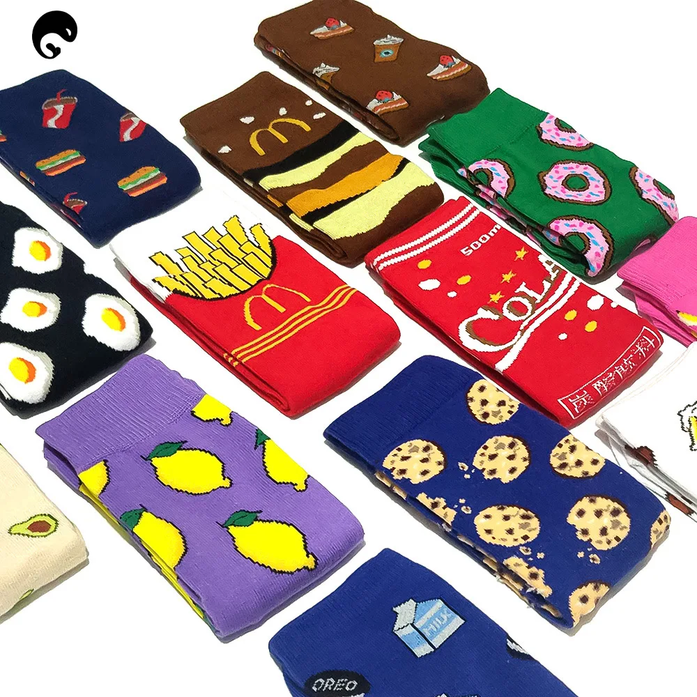 Women Socks Funny Cute Cartoon Fruits Banana Avocado Lemon Egg Cookie Donuts Food Happy Japanese Harajuku skateboard  Socks