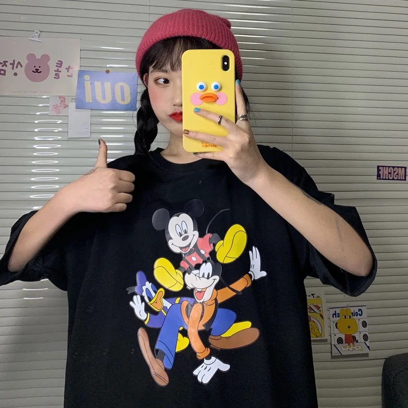 Cartoon Cotton Mickey Mouse and Friends Loose Mid-length Women T-shirt Harajuku Shirt Korean Clothes Womens Clothing Harajuku