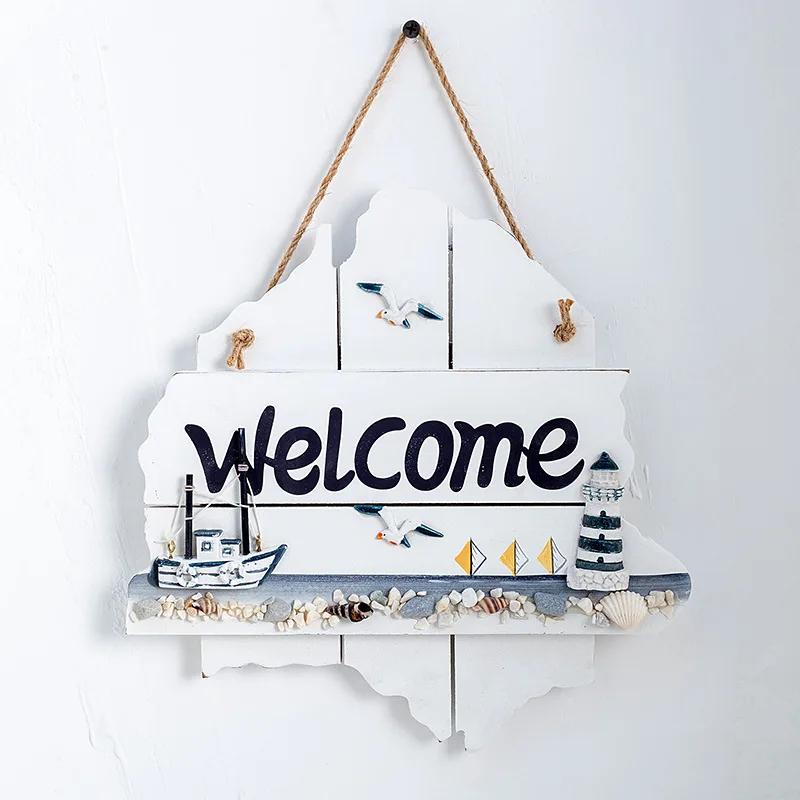 Mediterranean Welcome Sign Plaque Wooden Hanging Board Nautical Wall Decor Beach Boat Ocean Theme Cafe Store Front Door Decor