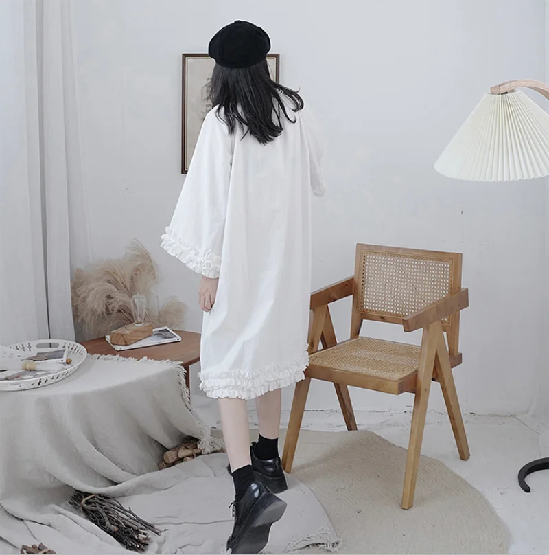 The summer new style lady is independent small public pure color flounce edge lazy person long sleeve dress female A version