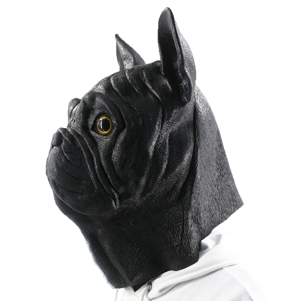 Latex Animal Dog Mask, French Bulldog Mask Animal Full Head Masks Fancy Dress Costume Black