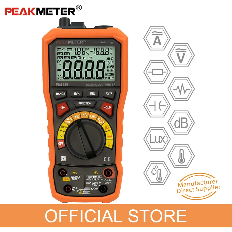 PEAKMETER PM8229 5 in 1 Auto Multimetro Digitale Con Multi-funzione di Lux Livello Sonoro Frequenza di Umidità di Temperatura del Tester del Tester