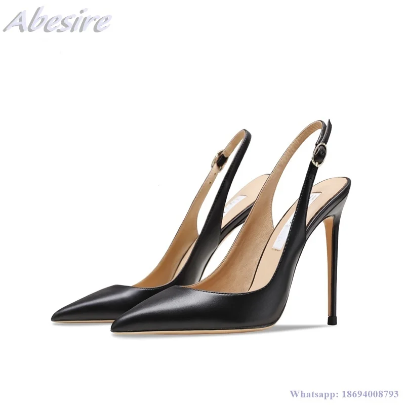 Abesire New Pumps Shallow Stilettos Black Slip On Solid Leather Pumps Cut Heel Summer Shoes For Women Fashion Lady Big Size